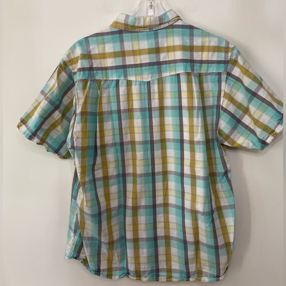 Kavu Men's Short Sleeve Plaid Cotton Button Down Shirt Blue Gold White Sz L - Picture 2 of 8